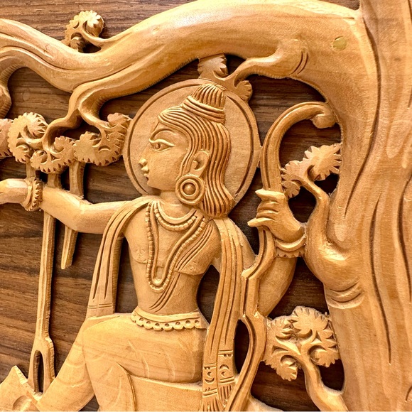 Vintage Hand-carved Teak Wood Raised Relief Hindu Goddess Small Wall Art Panel - Picture 6 of 10
